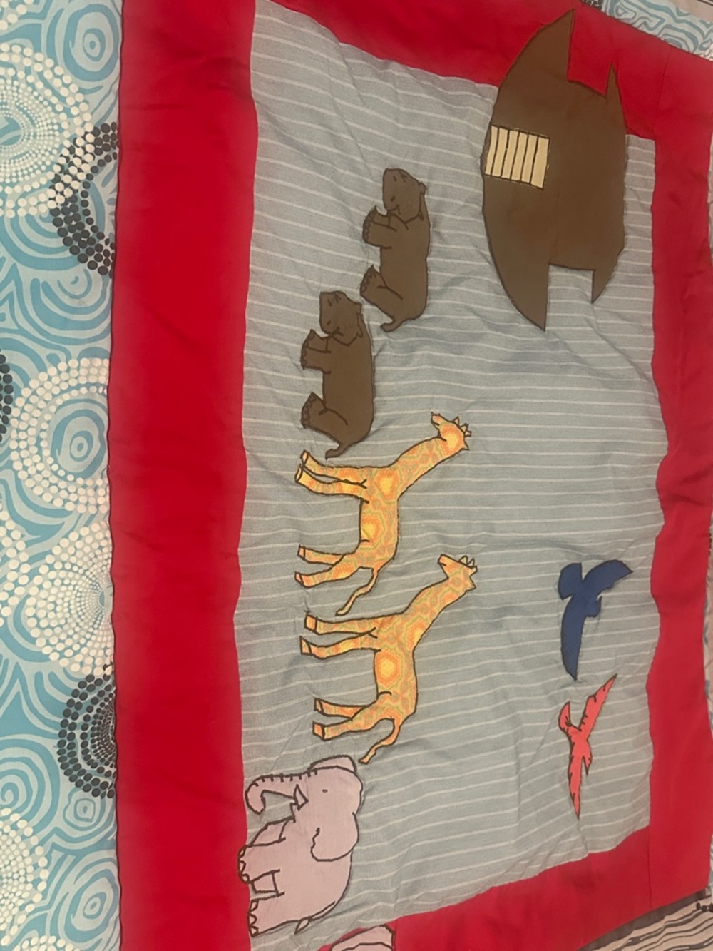 Nursery Animal Patchwork Baby Quilt - Red, Gray, Brown, Orange